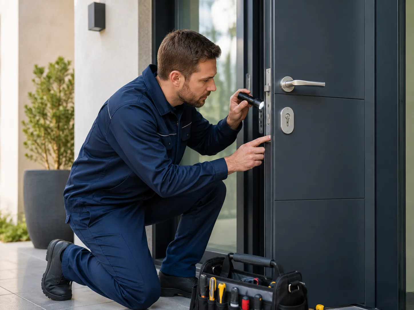 Técnico a diagnosticar o funcionamento de uma porta e fechadura